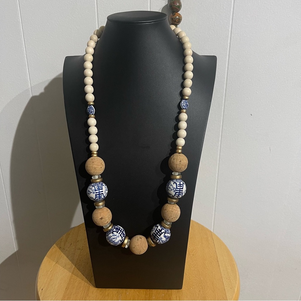Vintage Painted Bead  and Wood Bead Necklace